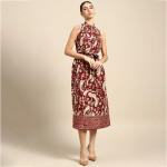 Maroon & Beige Ethnic Motifs Halter Neck A-Line Maxi Dress