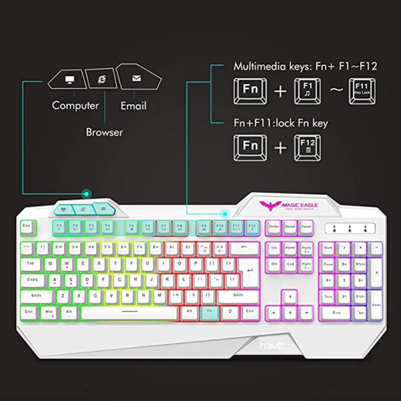 havit Keyboard Rainbow Backlit Wired Gaming Keyboard Mouse Combo, LED 104 Keys USB Ergonomic Wrist Rest Keyboard, 4800 DPI Mouse for PC Gamer (White)