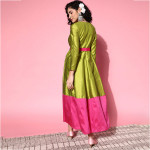 Women Olive Poly-Silk Volume Control Ethnic Dress