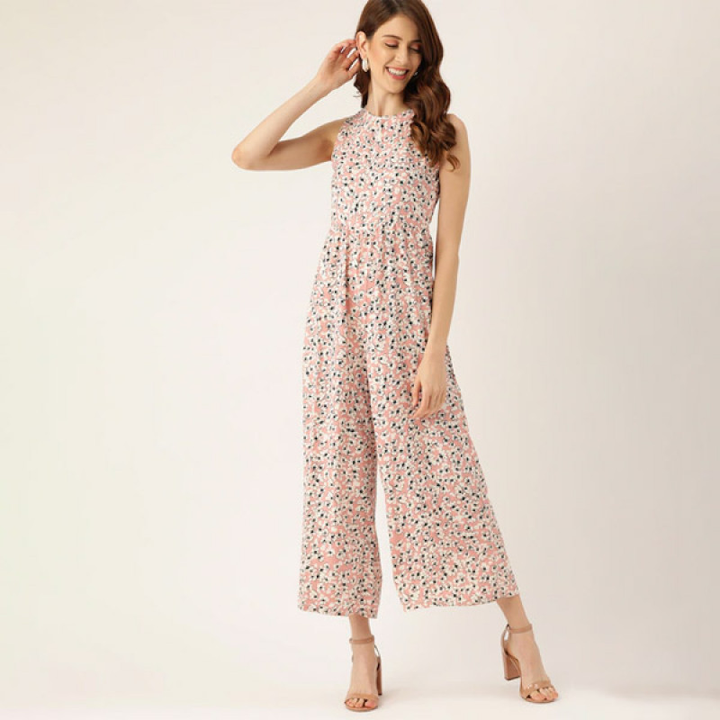 Women Pink & White Floral Print Cut-Out Detail Basic Jumpsuit