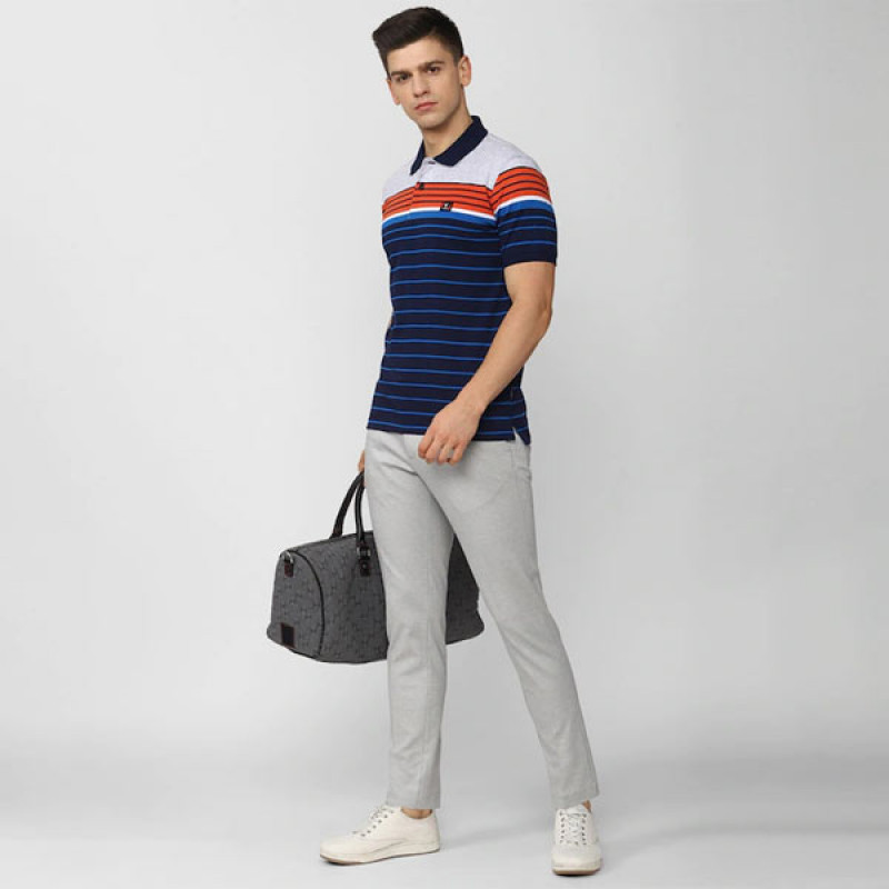 Men Navy Blue Striped Polo Collar Applique T-shirt