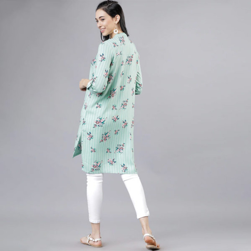 Green & Pink Mandarin Collar Printed Tunic