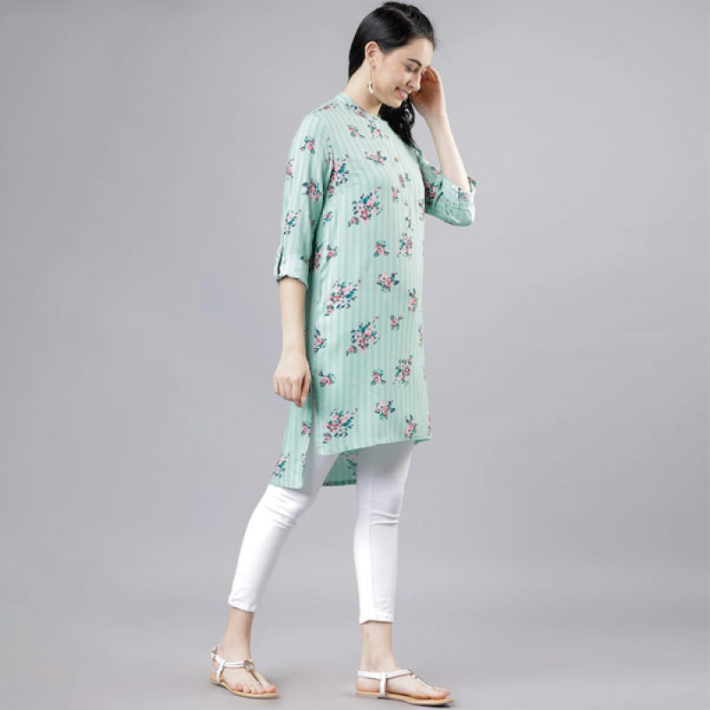 Green & Pink Mandarin Collar Printed Tunic