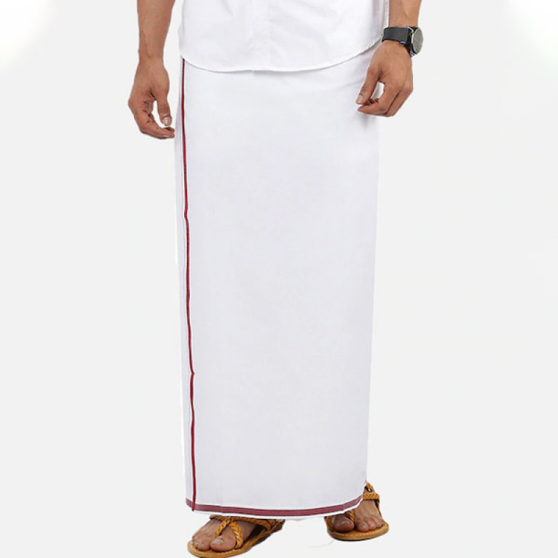 Men Pure Cotton White Dhoti with Maroon border Pack of 2