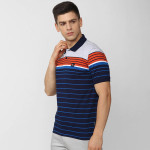 "Men Navy Blue Striped Polo Collar Applique T-shirt "