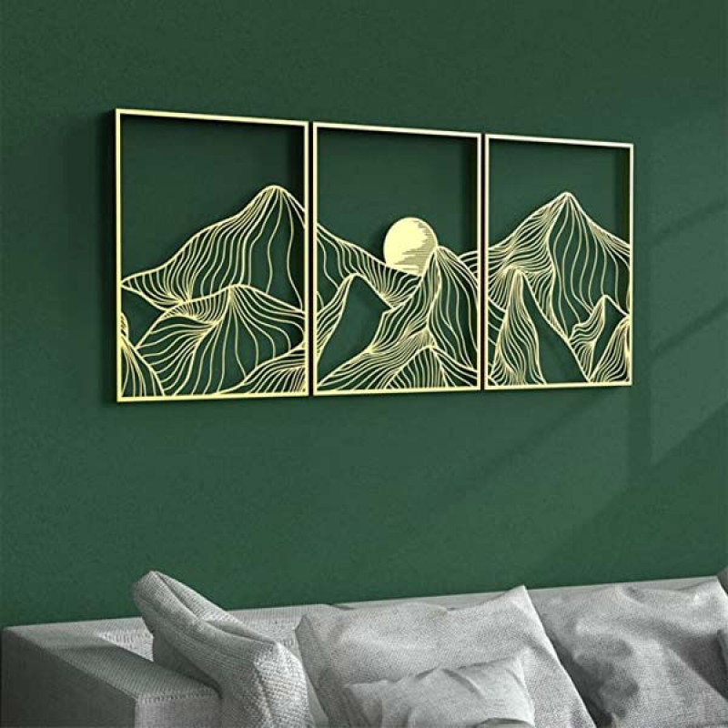 Putuo Decor 3 Pieces Gold Mountain Metal Wall Art, Modern Minimalist Line Wall Decor,