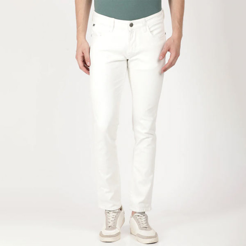 Men White Solid Cotton Slim Fit Jeans